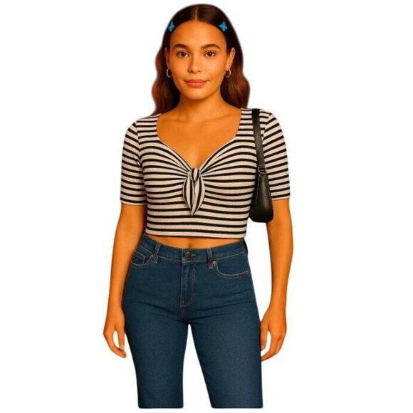 Wild Fable M Ribbed Sweetheart Neck Tie Front Cropped Black Pink Stripe Top Y2K - Picture 11 of 11